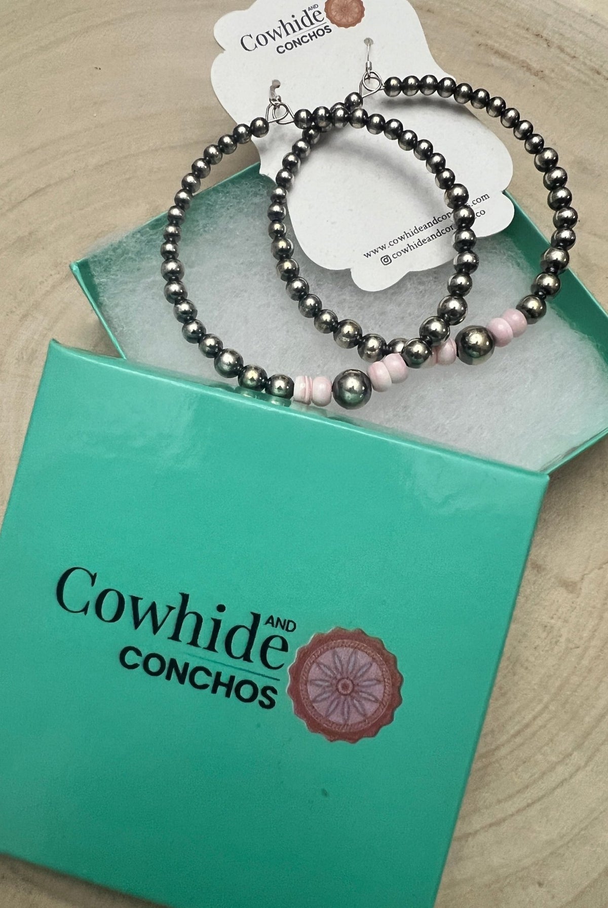 Big Sterling Pearl Hoops with Pink Conch — 2" × 1/2" Graduated 4-5-6-8mm (Handmade in Texas) - Cowhide and Conchos