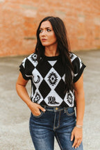 Black Checkered Knit Western Sweater Top - Cowhide and Conchos