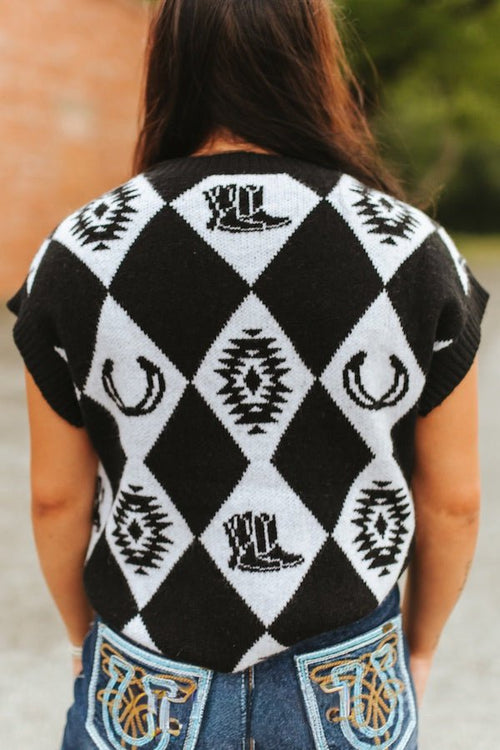 Black Checkered Knit Western Sweater Top - Cowhide and Conchos