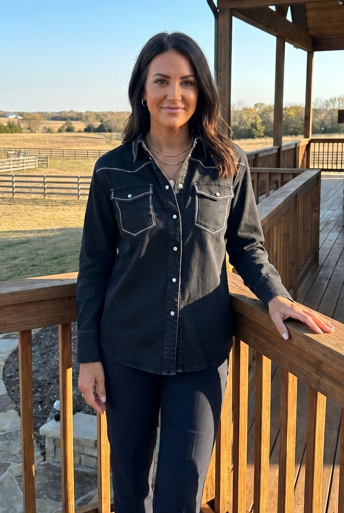 Black Contrast Stitching Pearl Snap Button Down Denim Western Shirt - Cowhide and Conchos