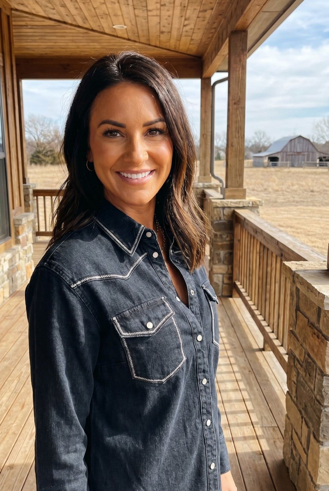 Black Contrast Stitching Pearl Snap Button Down Denim Western Shirt - Cowhide and Conchos