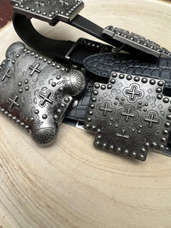Black Gator Genuine Leather Cross Concho Belt - Cowhide and Conchos
