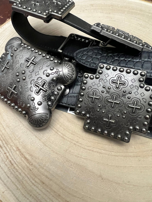 Black Gator Genuine Leather Cross Concho Belt - Cowhide and Conchos