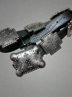 Black Gator Genuine Leather Cross Concho Belt - Cowhide and Conchos