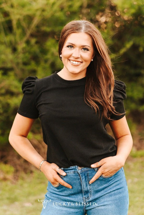 Black Puff Short Sleeve Top - Cowhide and Conchos