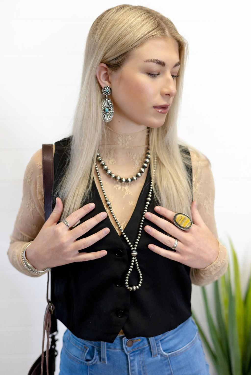 Black V - Neck Button Vest - Cowhide and Conchos