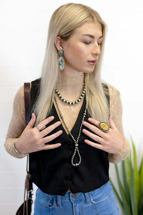 Black V - Neck Button Vest - Cowhide and Conchos