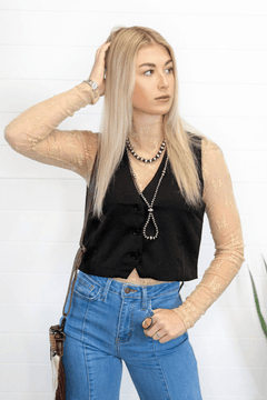 Black V - Neck Button Vest - Cowhide and Conchos