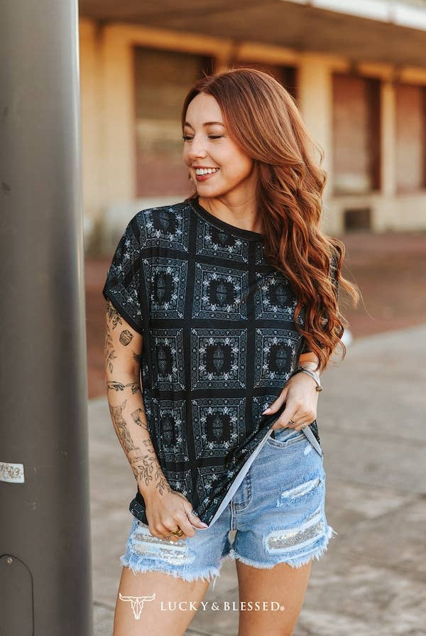 Black Western Bandanna Cuffed Rolled Short Sleeve Top - Cowhide and Conchos