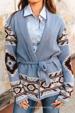 Blue Grey Aztec Knit Sweater Cardigan W Side Pockets - Cowhide and Conchos