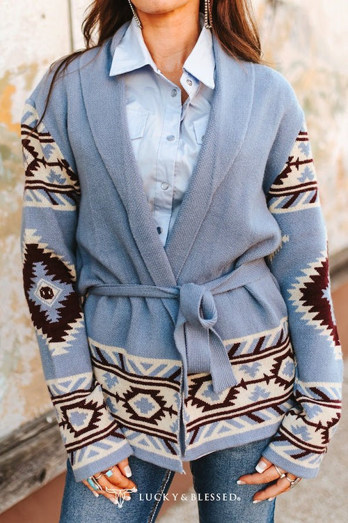 Blue Grey Aztec Knit Sweater Cardigan W Side Pockets - Cowhide and Conchos