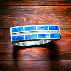 Blue Opalite Inlay Ring on Sterling Silver - Size 10 - Cowhide and Conchos