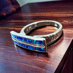 Blue Opalite Inlay Ring on Sterling Silver - Size 10 - Cowhide and Conchos