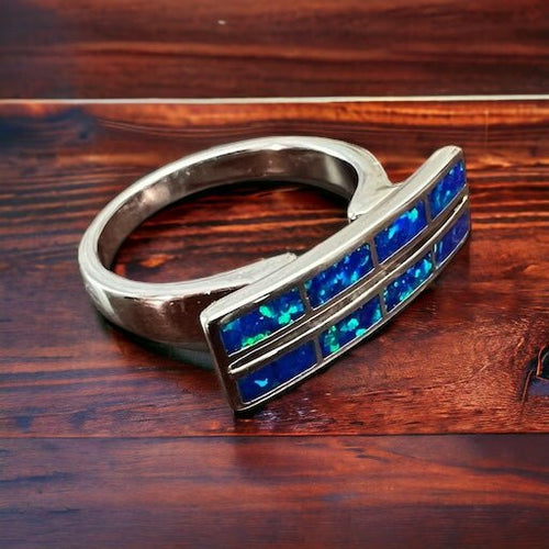 Blue Opalite Inlay Ring on Sterling Silver - Size 10 - Cowhide and Conchos