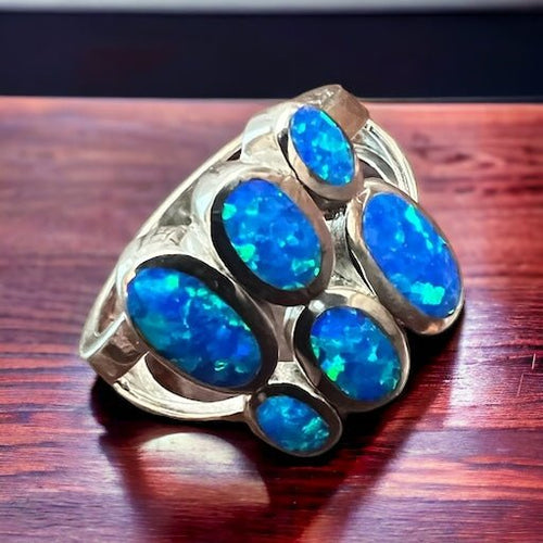 Blue Opalite Multi - stone Ring on Sterling Silver - Size 7 - Cowhide and Conchos