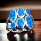 Blue Opalite Multi - stone Ring on Sterling Silver - Size 7 - Cowhide and Conchos