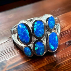 Blue Opalite Multi - stone Ring on Sterling Silver - Size 7 - Cowhide and Conchos