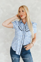 Blue Western Printed Puff Sleeve Pearl Snap Button Down Shirt - Cowhide and Conchos