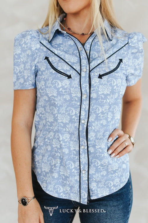 Blue Western Printed Puff Sleeve Pearl Snap Button Down Shirt - Cowhide and Conchos