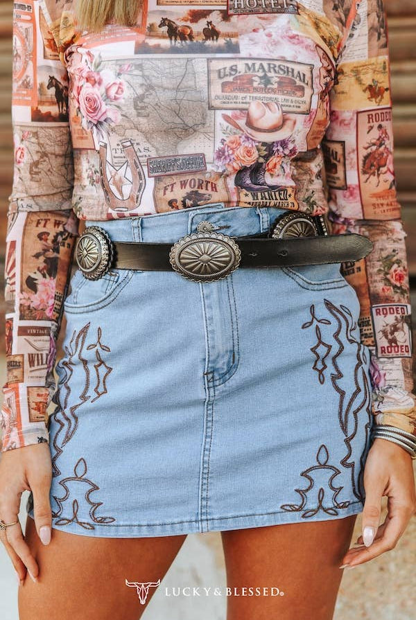Boot Stitch Denim Skirt - Cowhide and Conchos