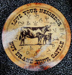 Brand Your Cattle Glass Cutting Board/Charcuterie/Trivet - Cowhide and Conchos