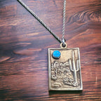 Brass & Sterling Cactus Desert Scenery Pendant with Kingman Turquoise and chain - Cowhide and Conchos