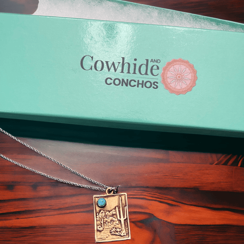 Brass & Sterling Cactus Desert Scenery Pendant with Kingman Turquoise and chain - Cowhide and Conchos