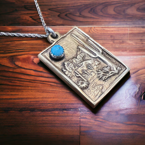 Brass & Sterling Cactus Desert Scenery Pendant with Kingman Turquoise and chain - Cowhide and Conchos