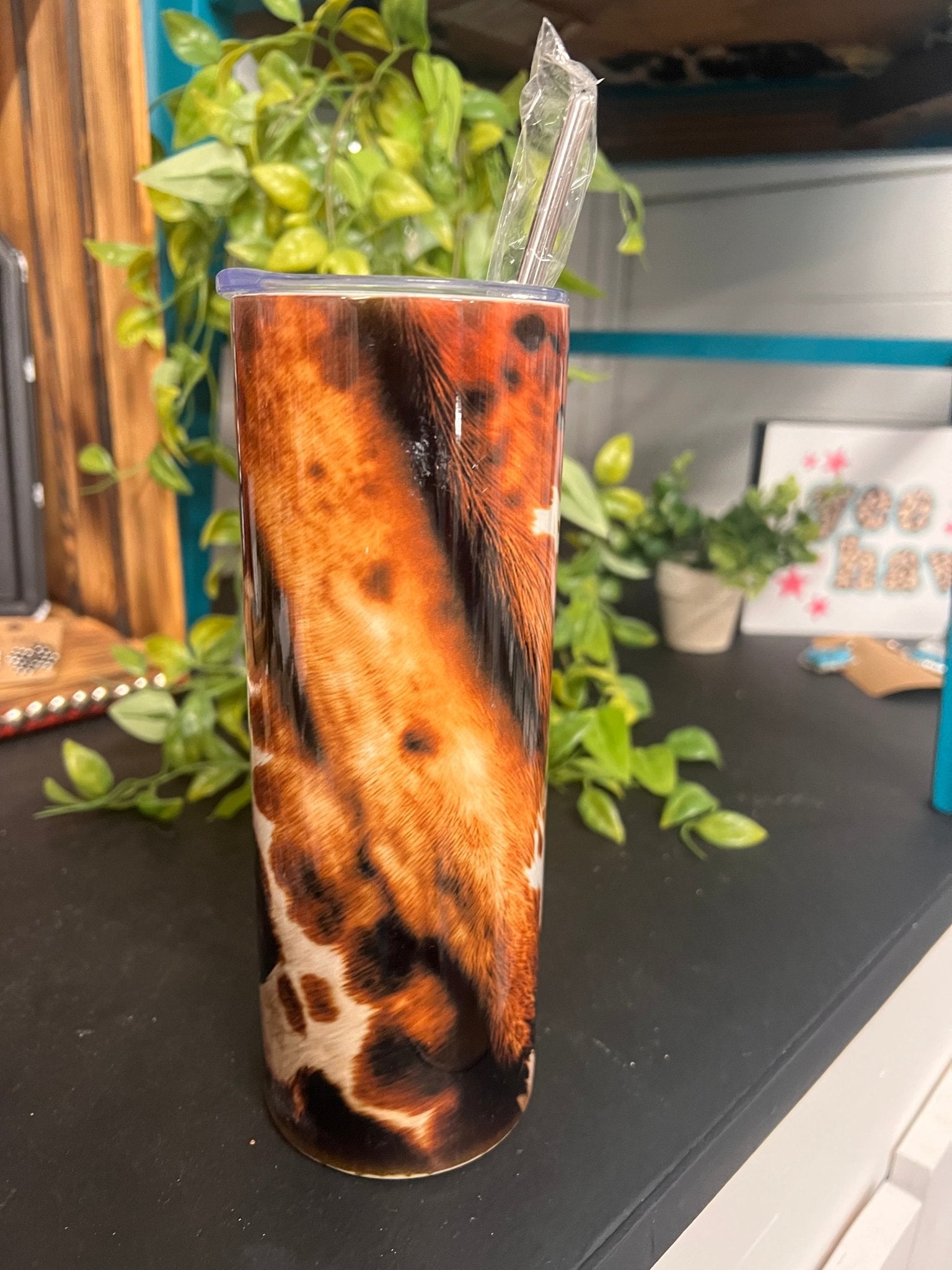 Brown Cowhide Tumbler - Cowhide and Conchos