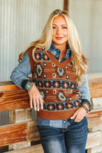 Brown Turquoise Aztec Knit Vest - Cowhide and Conchos