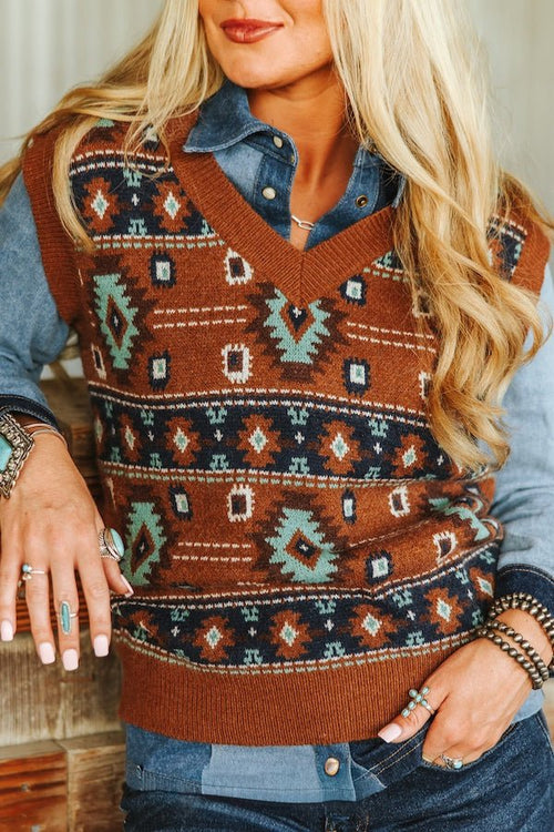 Brown Turquoise Aztec Knit Vest - Cowhide and Conchos