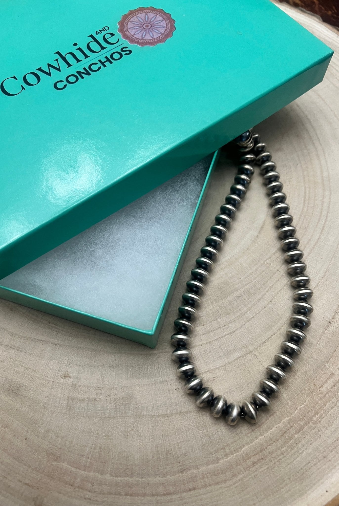 Bryannen Halwood Navajo Saucer Pearl Necklace — 22" (Handcrafted, Maker's Stamped) - Cowhide and Conchos