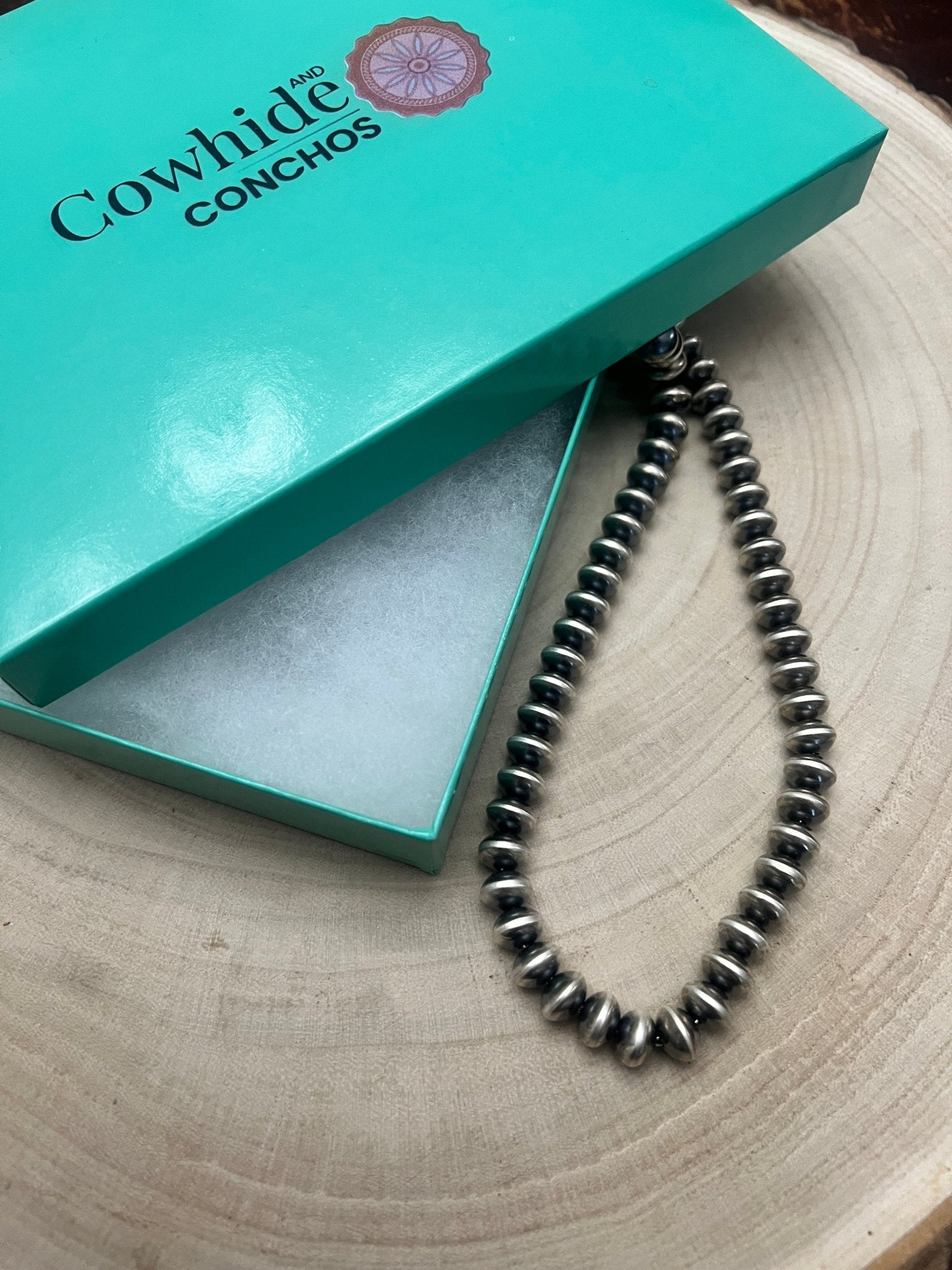 Bryannen Halwood Navajo Saucer Pearl Necklace — 22" (Handcrafted, Maker's Stamped) - Cowhide and Conchos