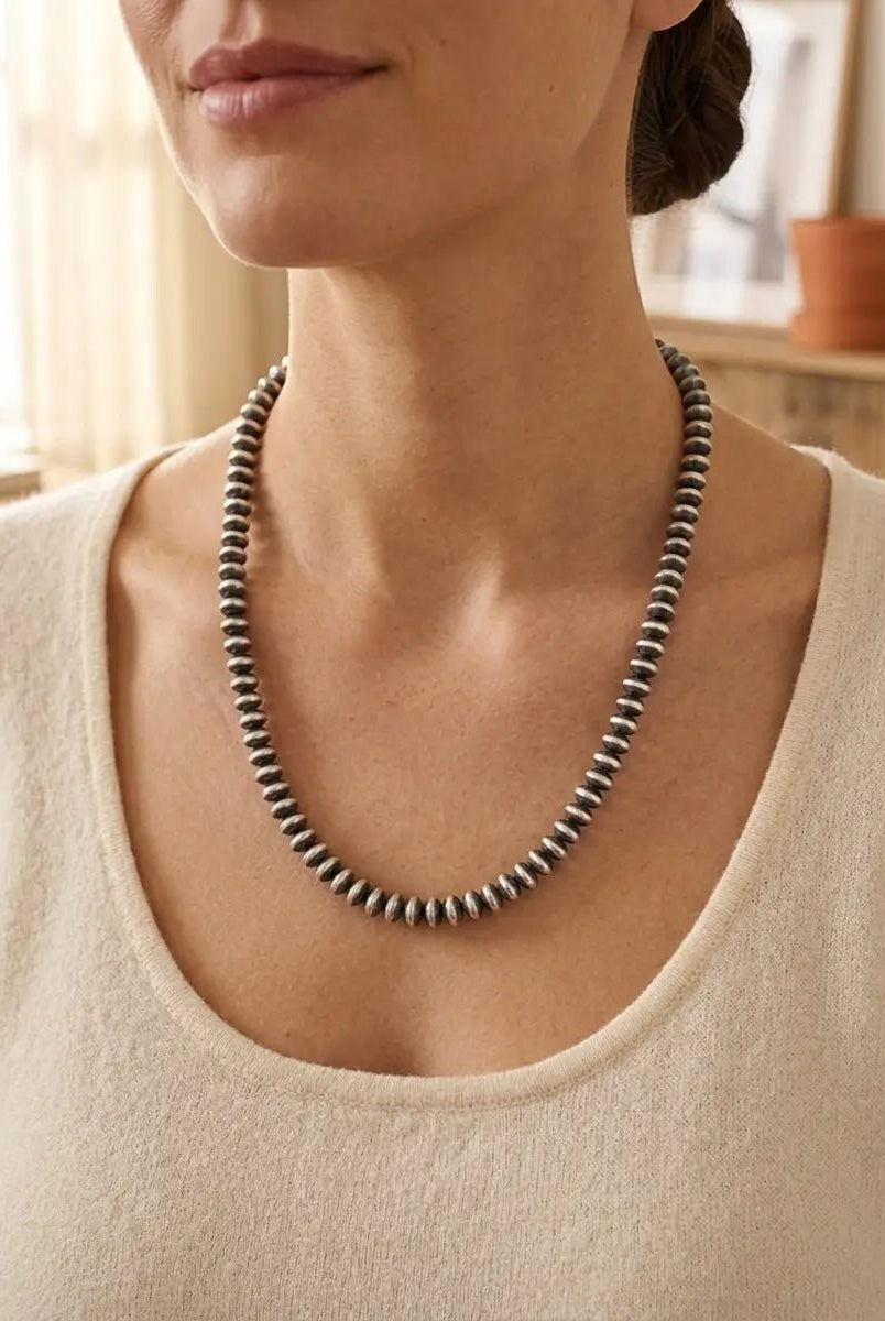 Bryannen Halwood Navajo Saucer Pearl Necklace — 22" (Handcrafted, Maker's Stamped) - Cowhide and Conchos