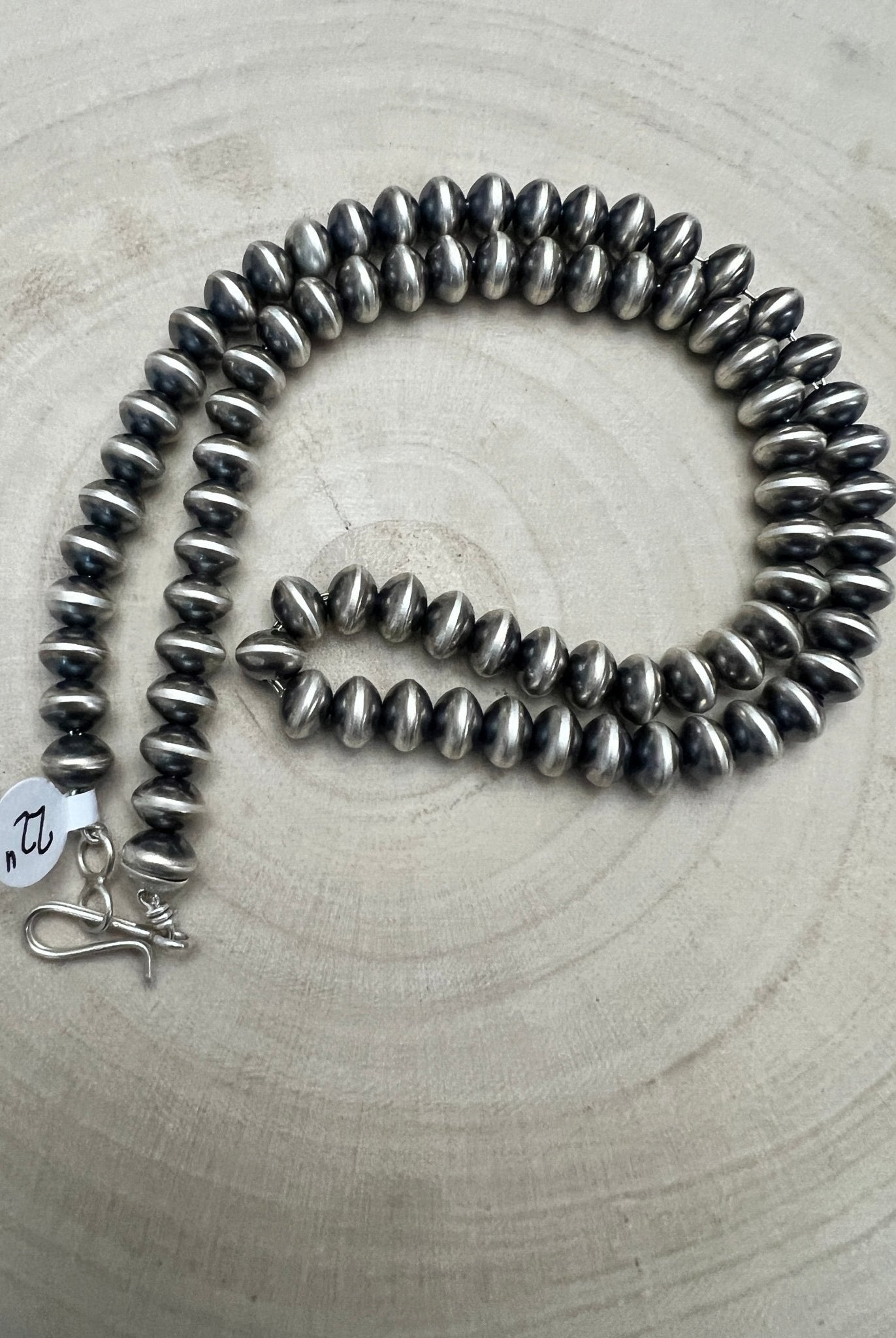 Bryannen Halwood Navajo Saucer Pearl Necklace — 22" (Handcrafted, Maker's Stamped) - Cowhide and Conchos