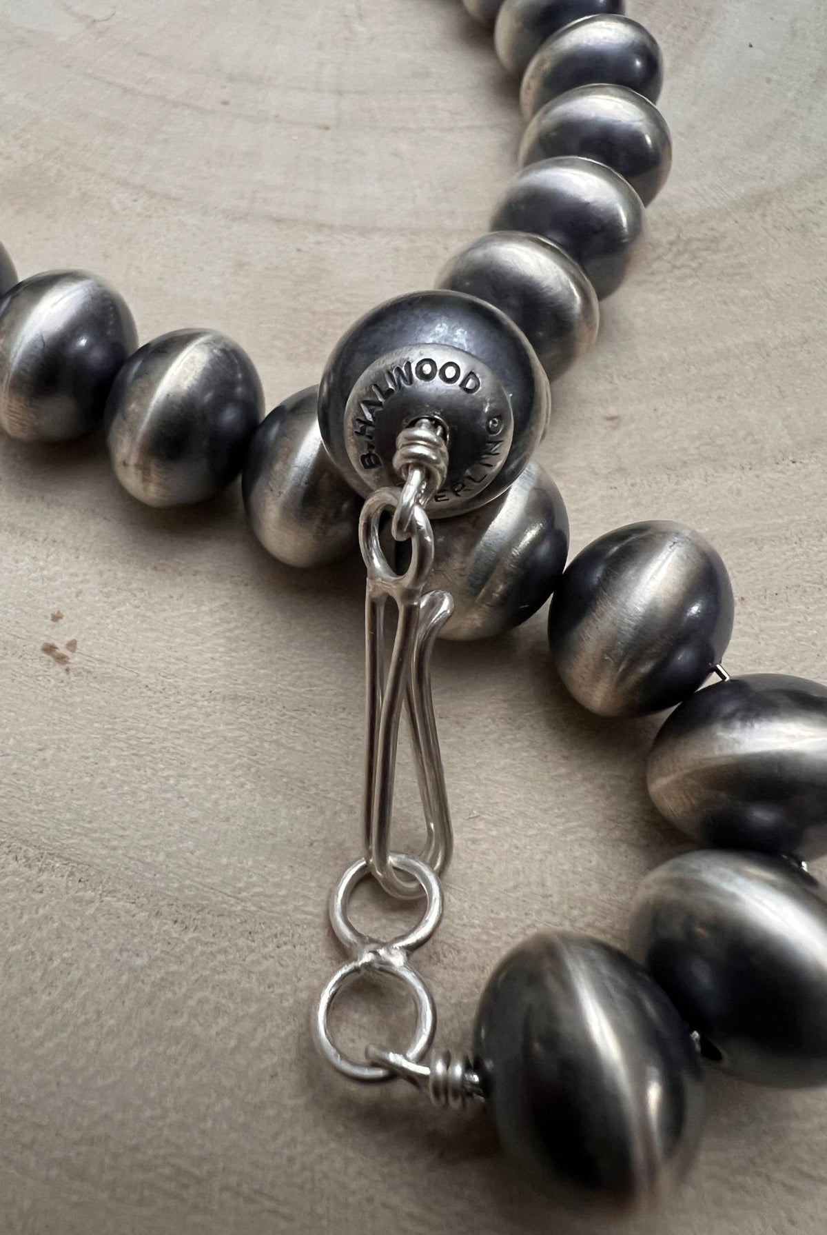 Bryannen Halwood Navajo Sterling Silver Handcrafted Navajo Pearl Necklace — 16" (10mm×13mm Beads, Heirloom) - Cowhide and Conchos