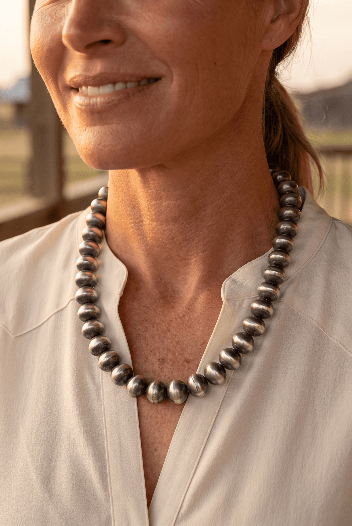 Bryannen Halwood Navajo Sterling Silver Handcrafted Navajo Pearl Necklace — 16" (10mm×13mm Beads, Heirloom) - Cowhide and Conchos