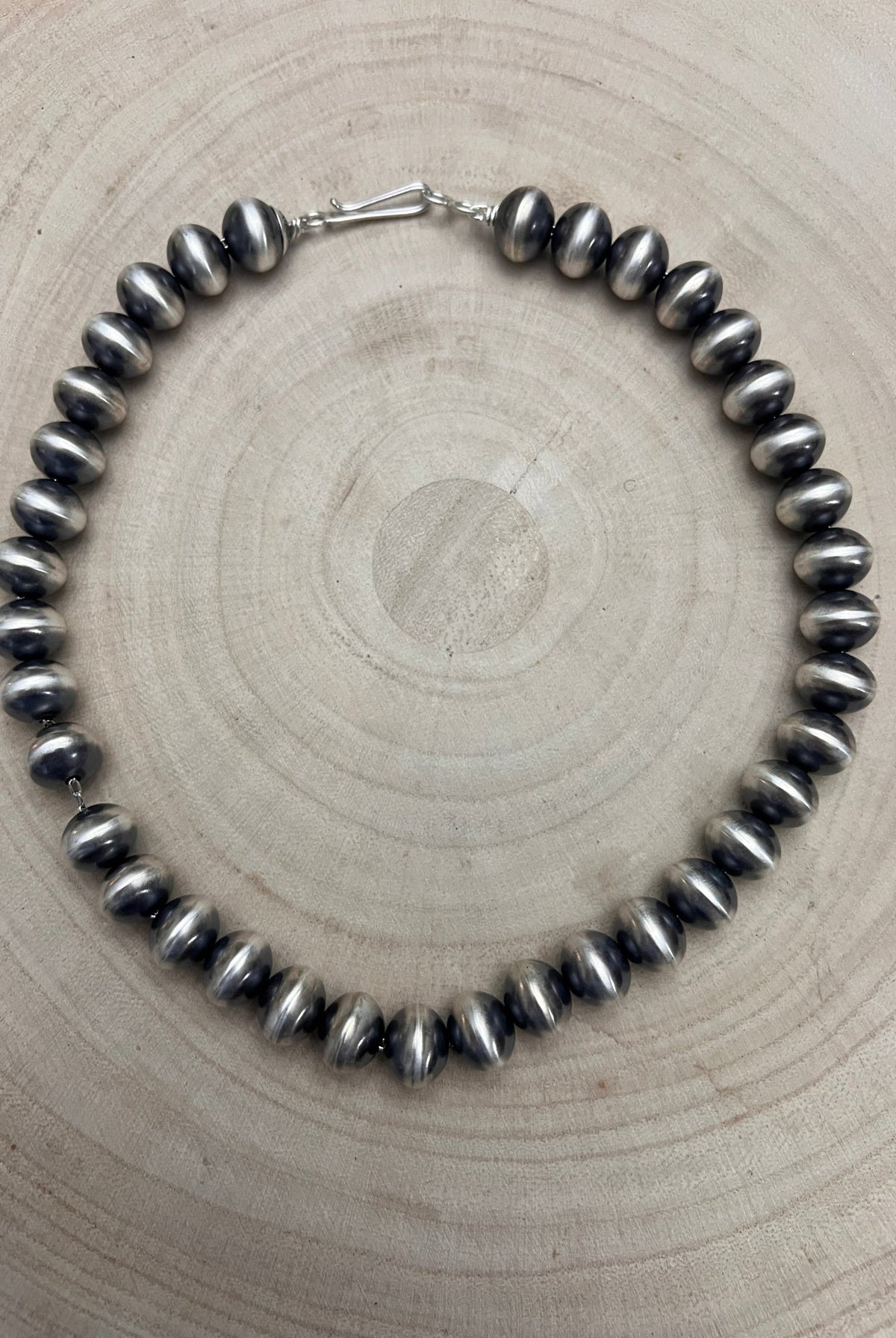 Bryannen Halwood Navajo Sterling Silver Handcrafted Navajo Pearl Necklace — 16" (10mm×13mm Beads, Heirloom) - Cowhide and Conchos
