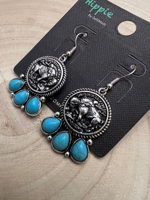 Buffalo Coin and Faux Turquoise Earring - Cowhide and Conchos