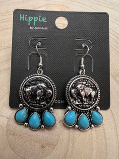 Buffalo Coin and Faux Turquoise Earring - Cowhide and Conchos