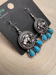 Buffalo Coin and Faux Turquoise Earring - Cowhide and Conchos