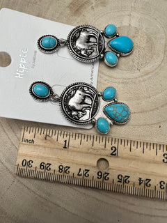 Buffalo Coin Faux Turquoise Cluster Earrings - Cowhide and Conchos