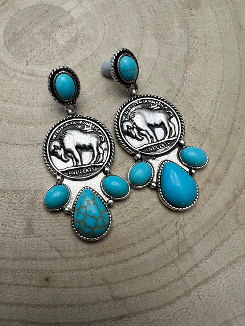 Buffalo Coin Faux Turquoise Cluster Earrings - Cowhide and Conchos