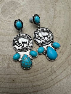 Buffalo Coin Faux Turquoise Cluster Earrings - Cowhide and Conchos