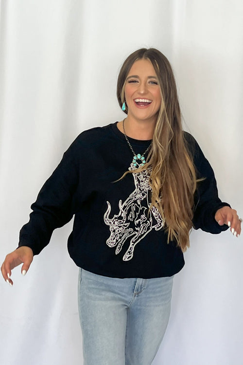 Bull Rider Embroidered Sweatshirt - Cowhide and Conchos
