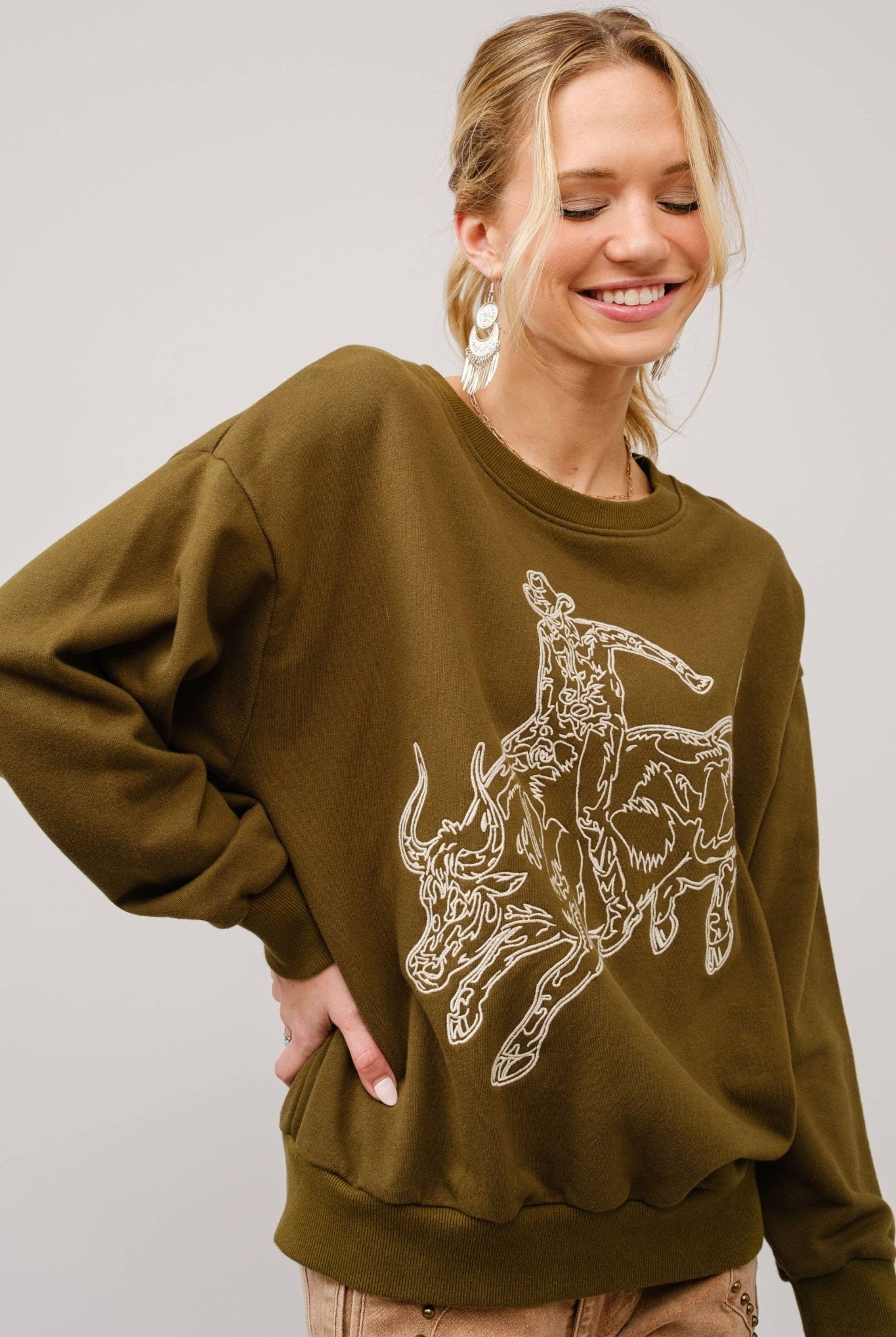 Bull Rider Embroidered Sweatshirt - large remaining - Cowhide and Conchos