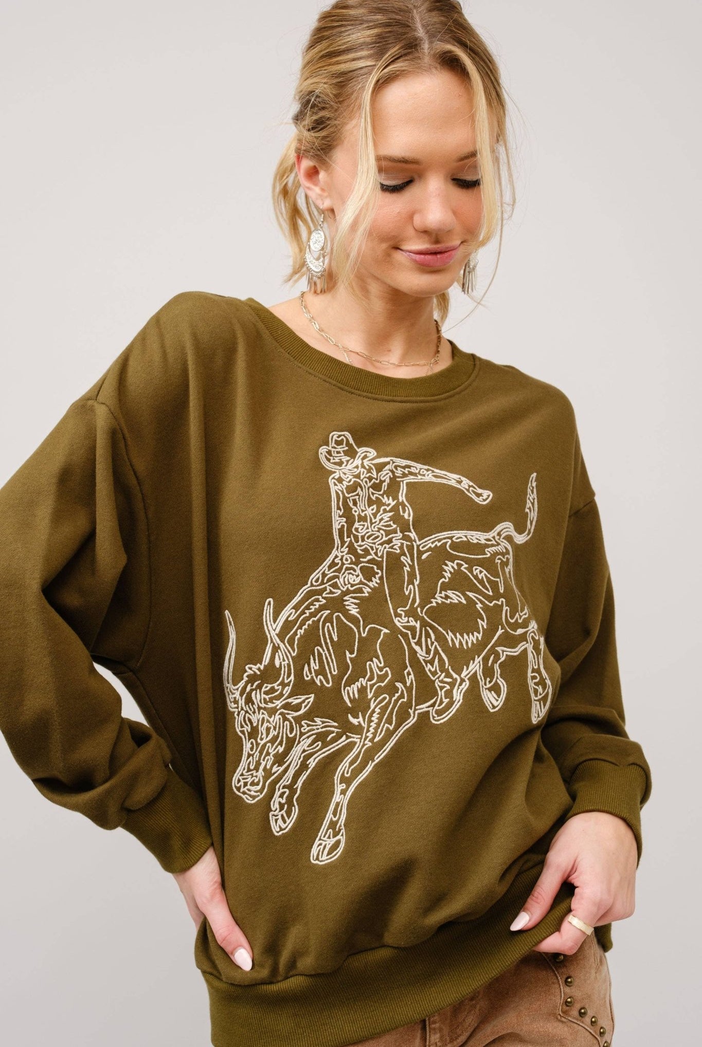 Bull Rider Embroidered Sweatshirt - large remaining - Cowhide and Conchos