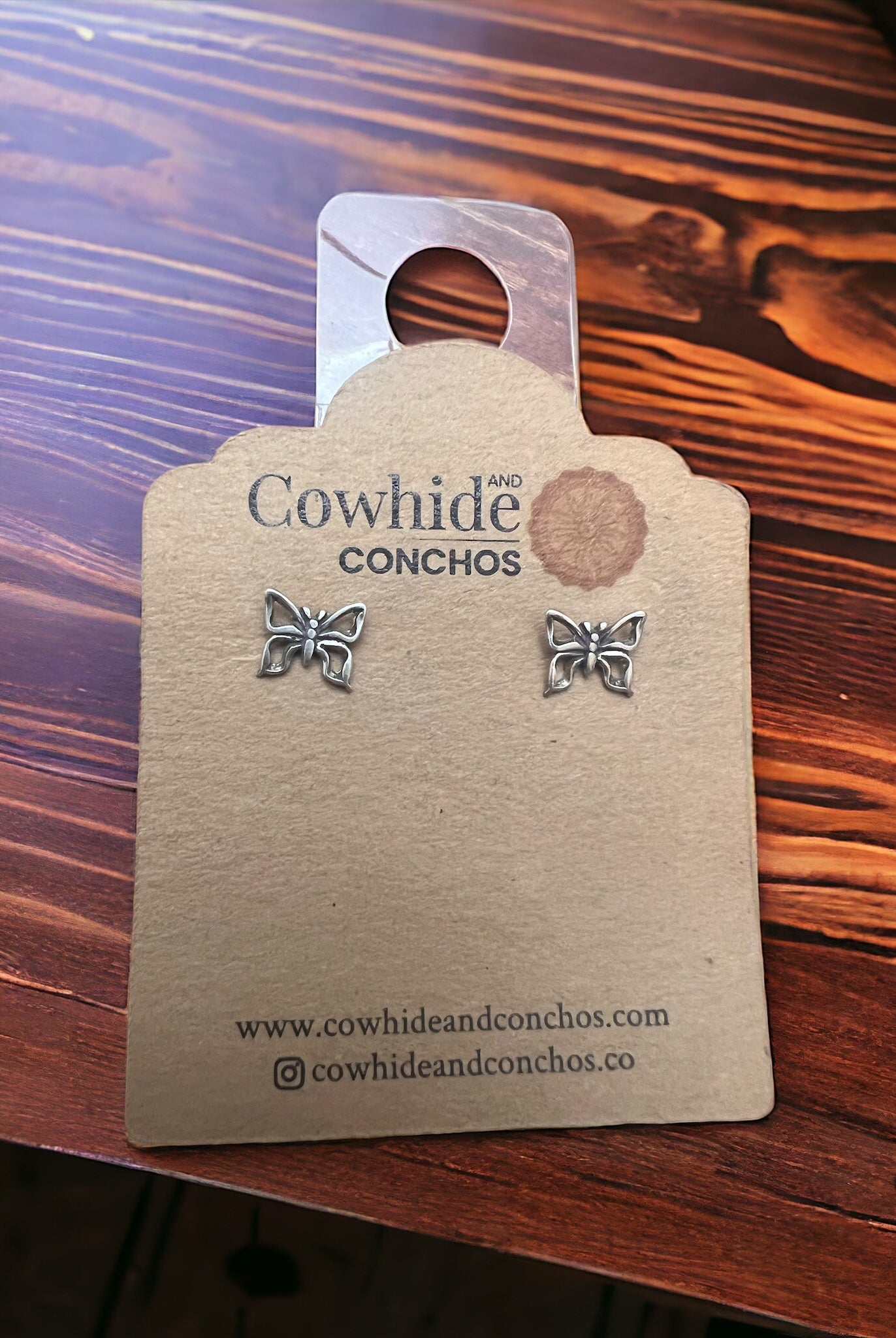 Butterfly post earrings in Sterling Silver - Cowhide and Conchos