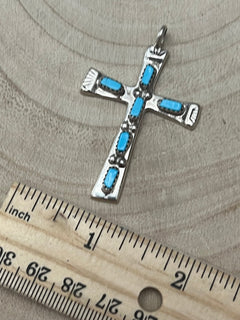 C. Iule Zuni Handmade Turquoise Cross Pendant - Cowhide and Conchos