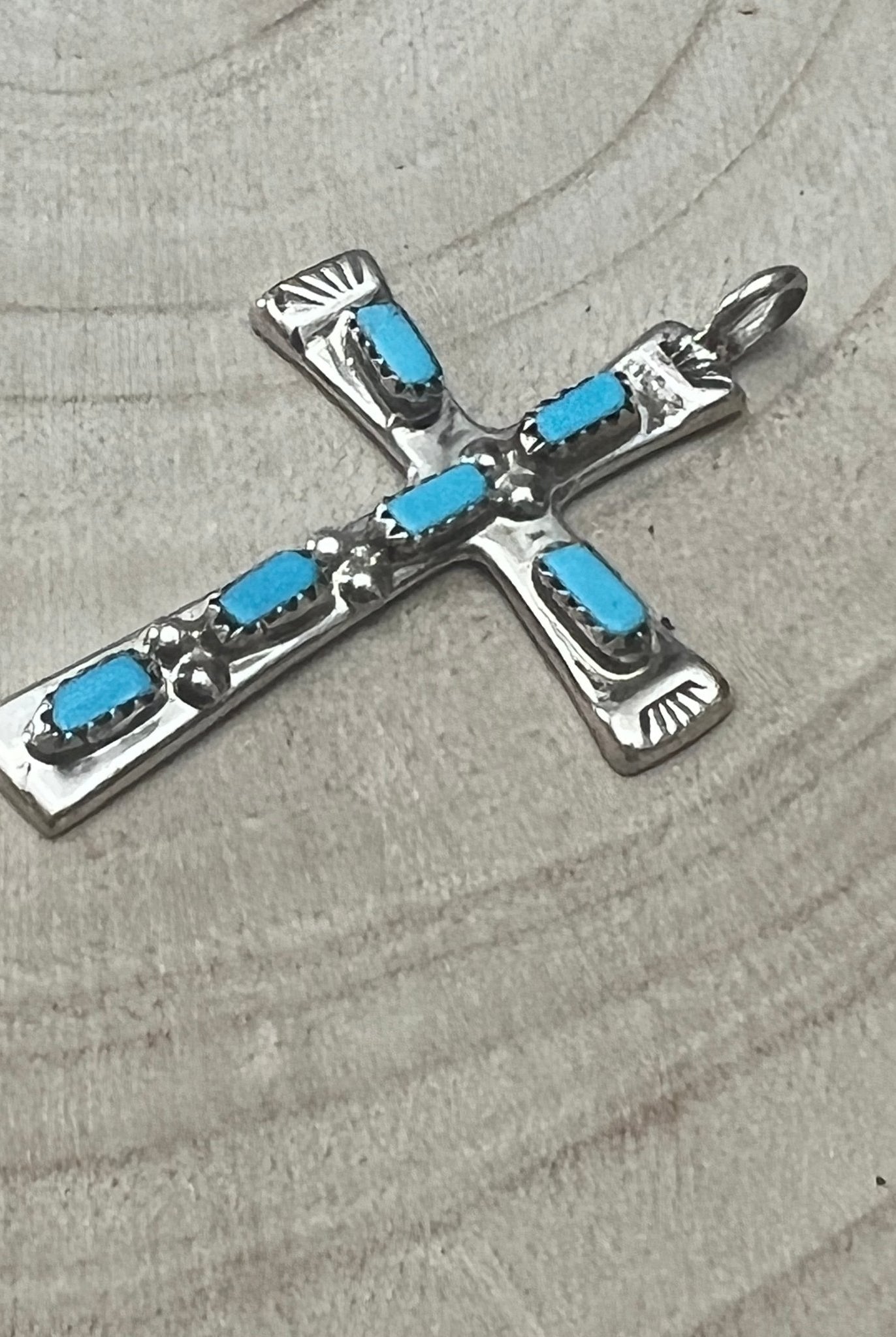 C. Iule Zuni Handmade Turquoise Cross Pendant - Cowhide and Conchos